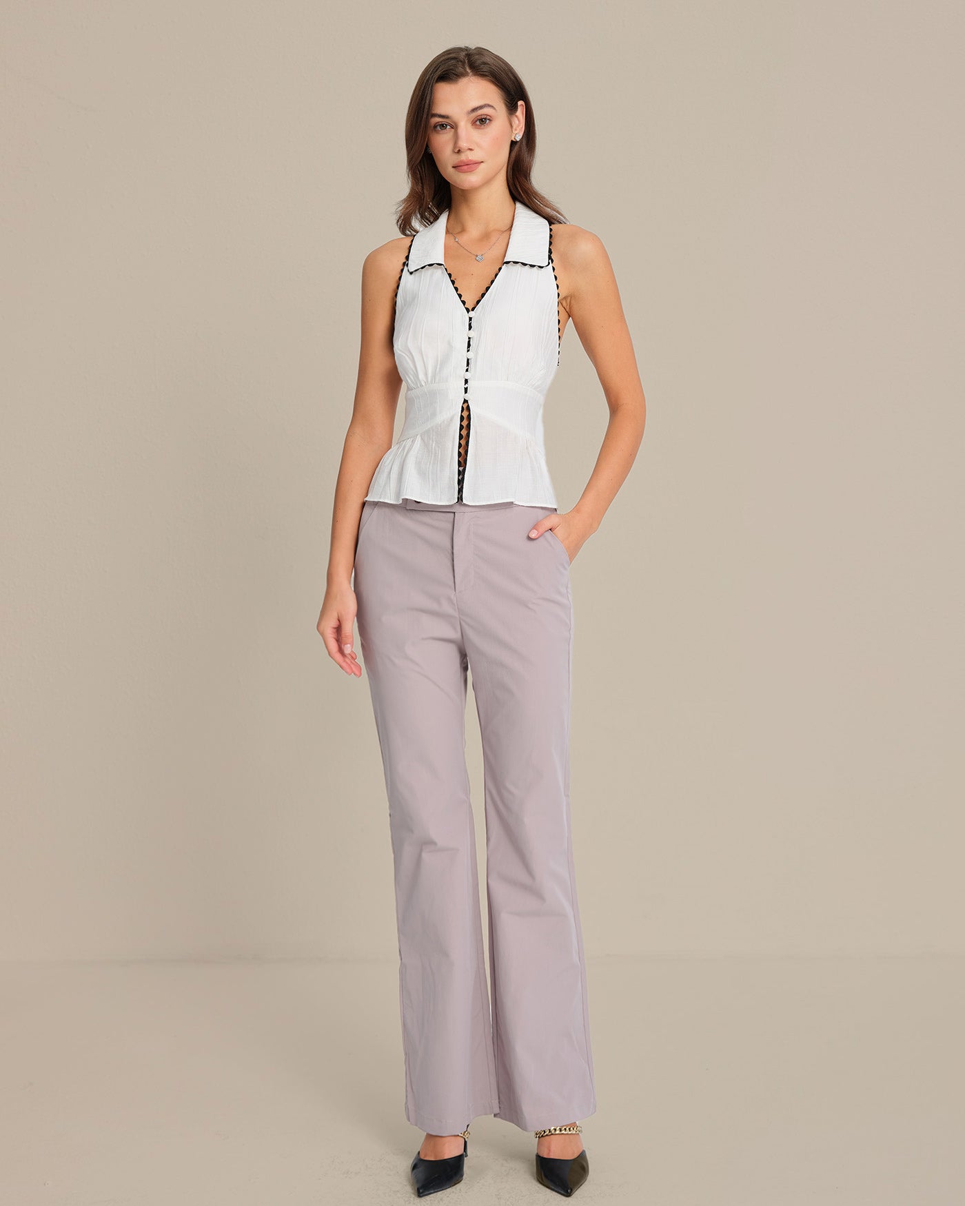 White Collar Button Tank Top